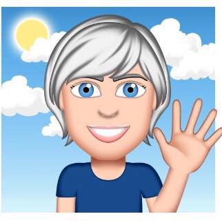 A cute illustrated picture of Lynne. She has blonde short hair a big smile and is waving. her hand as if to say Hello!